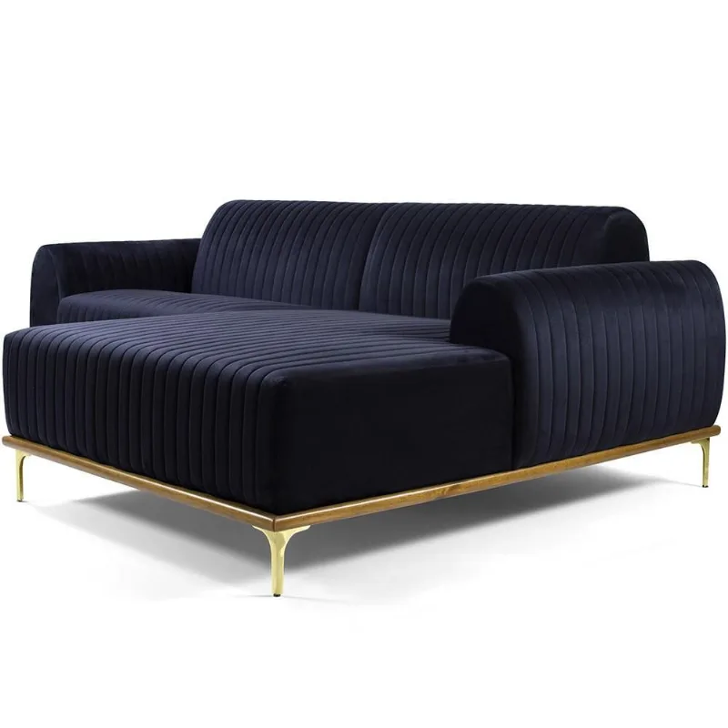 Sofá 3 Lugares com Chaise Direito Para Sala Molino 245 cm D02 Veludo Azul Marinho C-287 -Lyam Decor - Lyam Decor