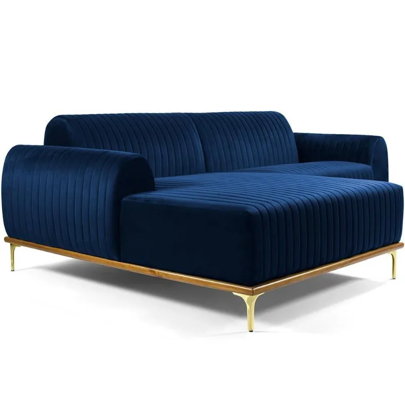 Sofá 3 Lugares com Chaise Esquerdo Para Sala Molino 230 cm D02 Veludo Azul Oxford C-304 -Lyam Decor - Lyam Decor