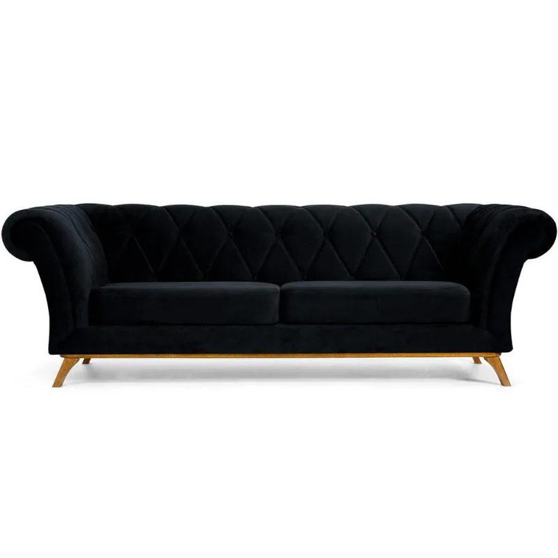 Sofá 3 Lugares Para Sala de Estar Império 230 cm D02 Veludo Preto C-300 - Lyam Decor - Lyam Decor