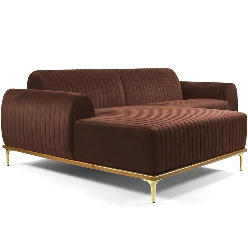 Sofá 4 Lugares Com Chaise Molino 265cm Veludo Marrom C-276