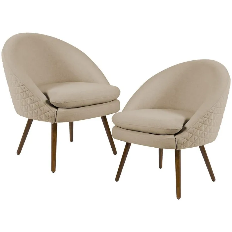 Kit 02 Poltronas Decorativas Fixa Pés Palito Rafa D02 Tressê Linho Bege C-129 - Lyam Decor - Lyam Decor