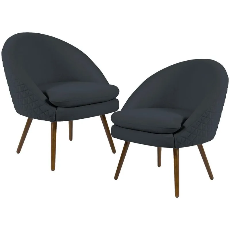 Kit 02 Poltronas Decorativas Fixa Pés Palito Rafa D02 Tressê Linho Chumbo D-465 - Lyam Decor - Lyam Decor
