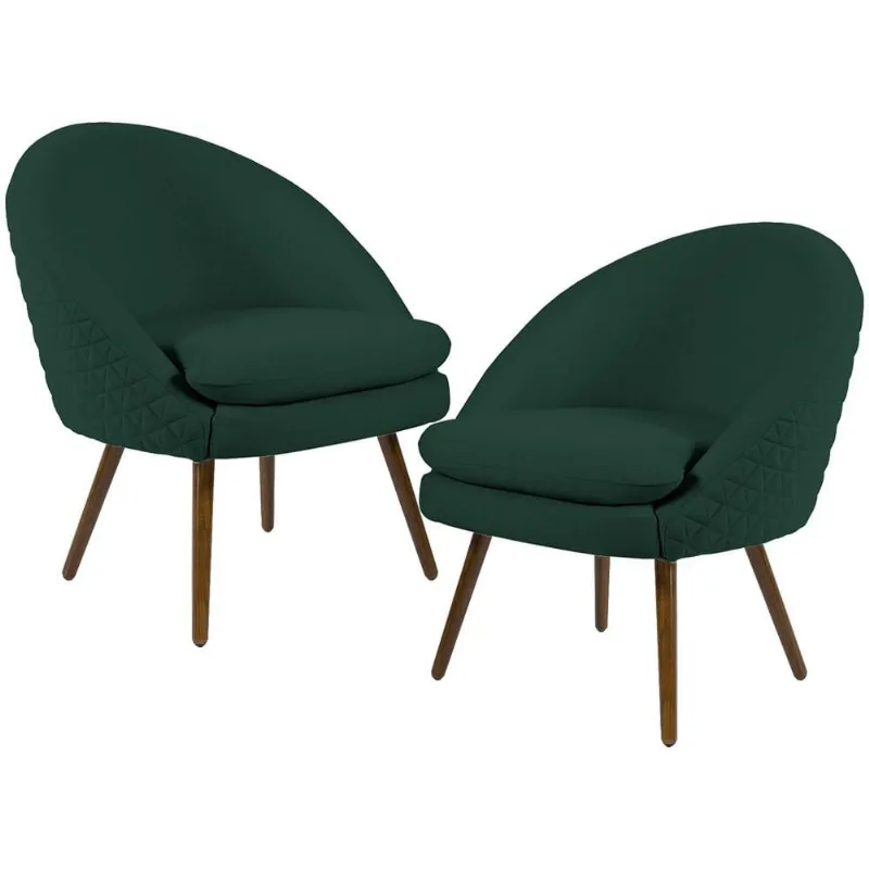 Kit 02 Poltronas Decorativas Fixa Pés Palito Rafa D02 Tressê Linho Verde Musgo C-117 - Lyam Decor - Lyam Decor