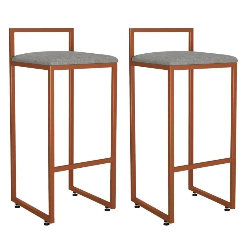 Kit 02 Banquetas Alta Hanna Bronze Linho Cinza Escuro