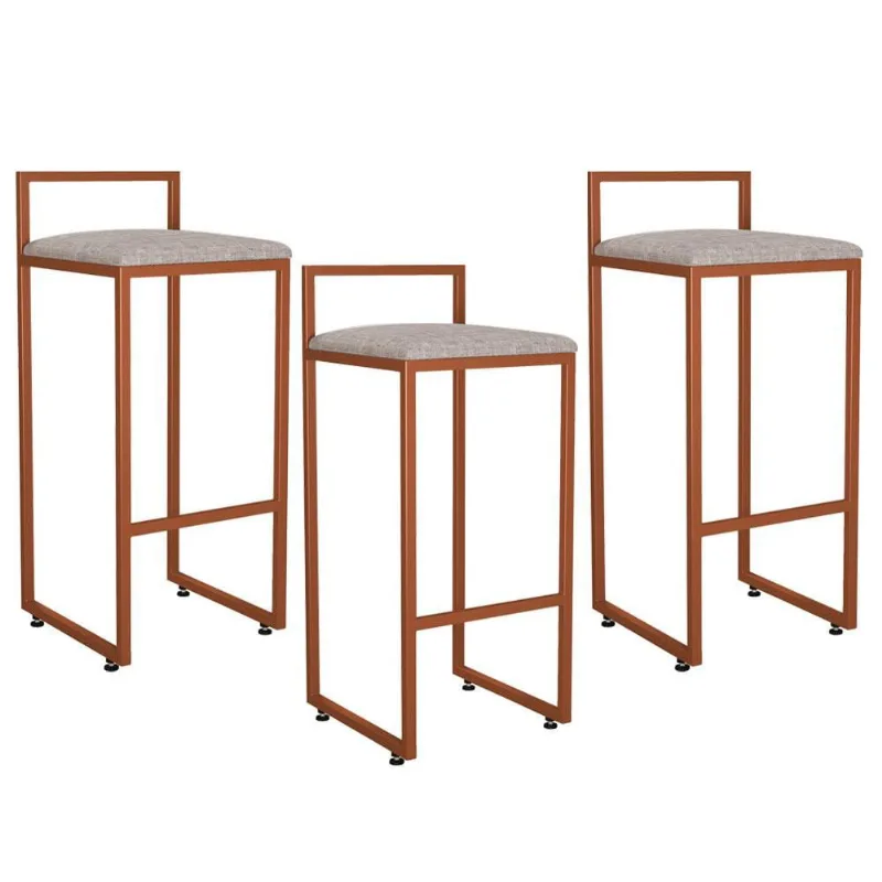 Kit 03 Banquetas Alta Para Cozinha Sala de Jantar Hanna L02 Bronze Linho Bege - Lyam Decor
