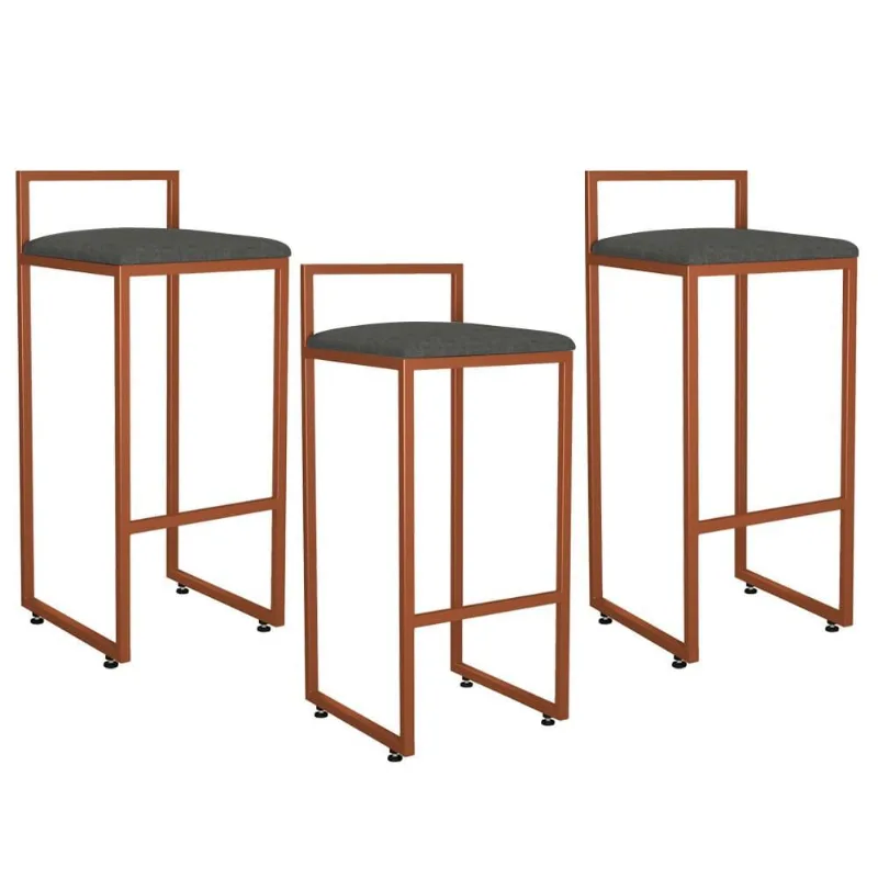 Kit 03 Banquetas Alta Para Cozinha Sala de Jantar Hanna L02 Bronze Linho Chumbo - Lyam Decor