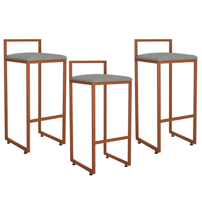 Kit 03 Banquetas Alta Para Cozinha Sala de Jantar Hanna L02 Bronze Linho Cinza Escuro - Lyam Decor