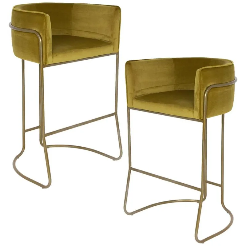 Kit 02 Banquetas Decorativa Fixa Base de Aço Bronze Betina D02 Veludo Mostarda C-260 - Lyam Decor