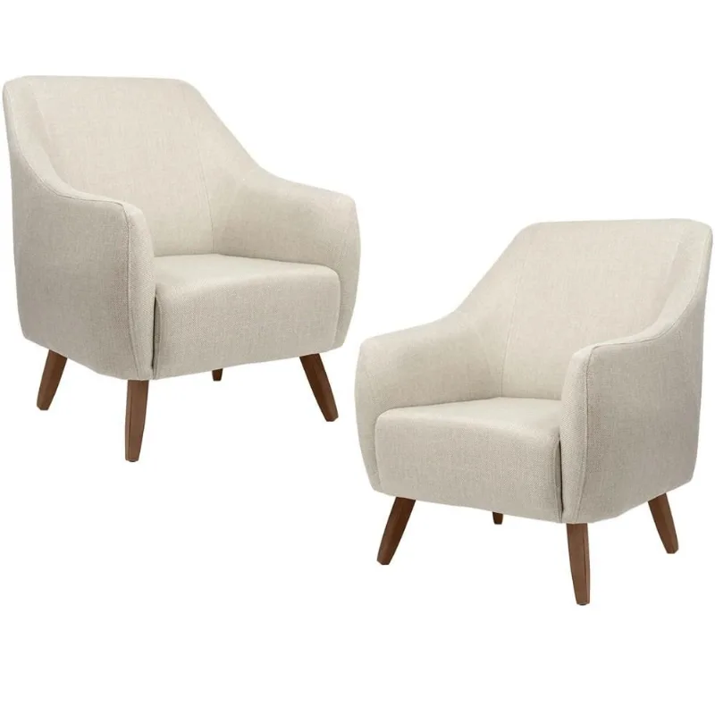 Kit 02 Poltronas Decorativas Fixa com Pés em Madeira Paloma D02 Linho Bege C-466 - Lyam Decor - Lyam Decor
