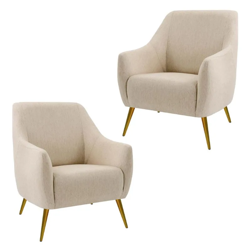 Kit 2 Poltronas Decorativas Para Sala Paloma Pés Palito New Bronze D02 Linho Bege C-129 - Lyam Decor - Lyam Decor