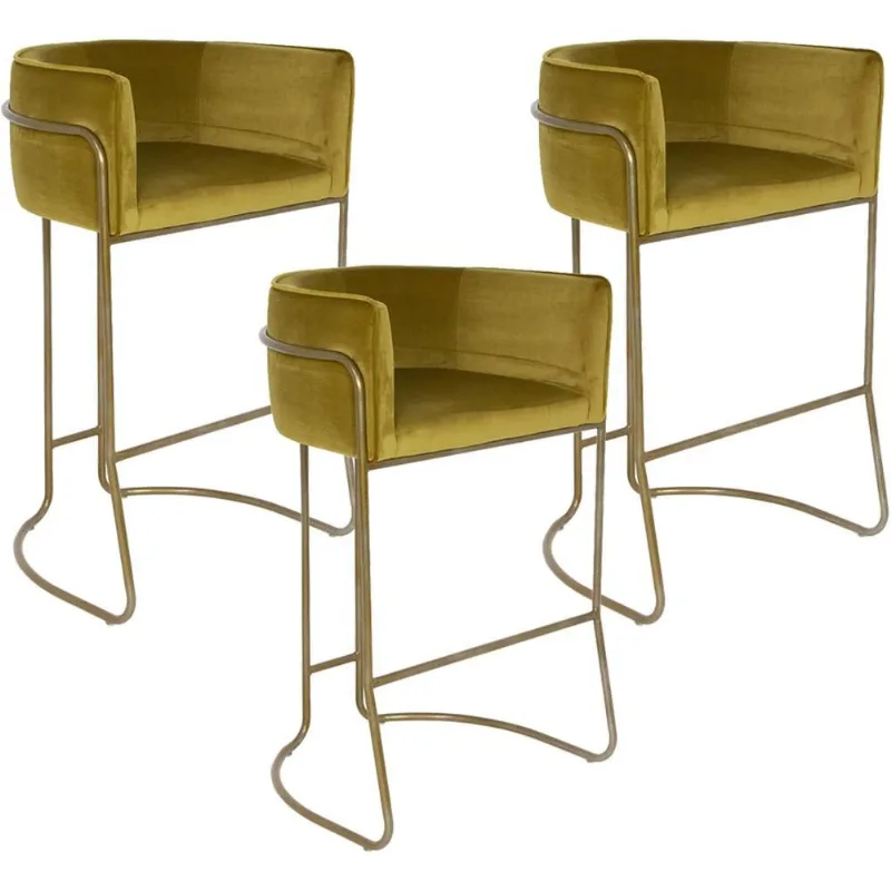 Kit 03 Banquetas Decorativa Fixa Base de Aço Bronze Betina D02 Veludo Mostarda C-260 - Lyam Decor - Lyam Decor