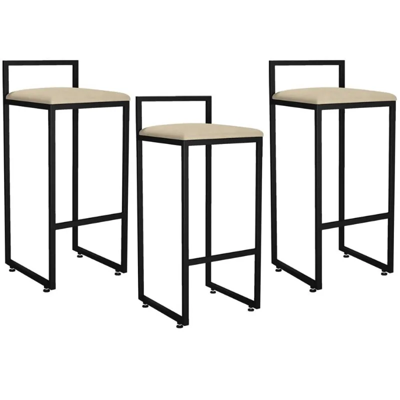 Kit 03 Banquetas Altas Para Cozinha Sala de Jantar Hanna L02 Preto Suede Bege - Lyam Decor