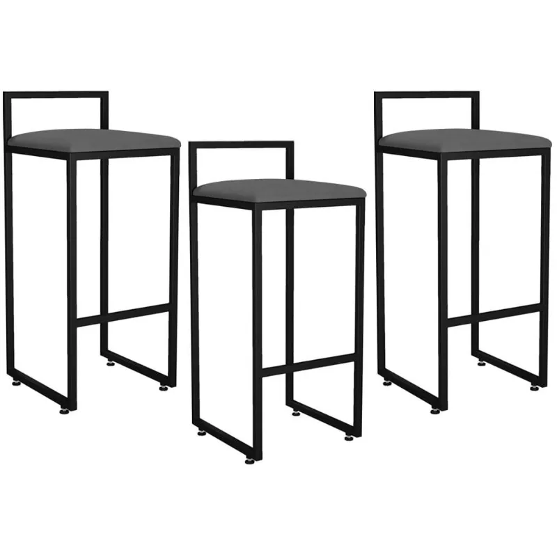 Kit 03 Banquetas Altas Para Cozinha Sala de Jantar Hanna L02 Preto Suede Cinza - Lyam Decor