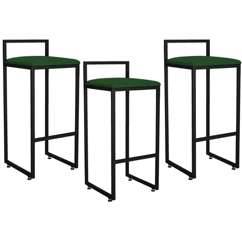 Kit 03 Banquetas Altas Para Cozinha Sala de Jantar Hanna L02 Preto Suede Verde Musgo - Lyam Decor