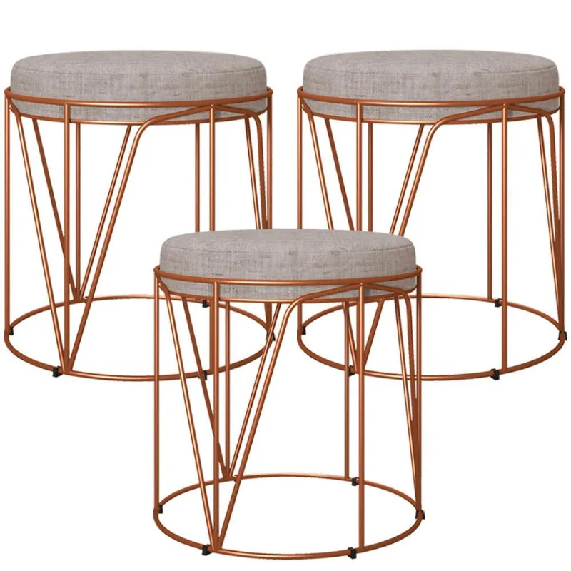 Kit 03 Puffs Decorativo Aramado Bronze Zaya L02 Linho Bege - Lyam Decor