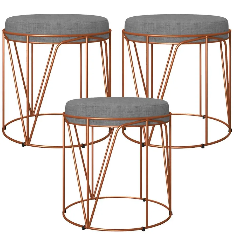 Kit 03 Puffs Decorativo Aramado Bronze Zaya L02 Linho Cinza Escuro - Lyam Decor