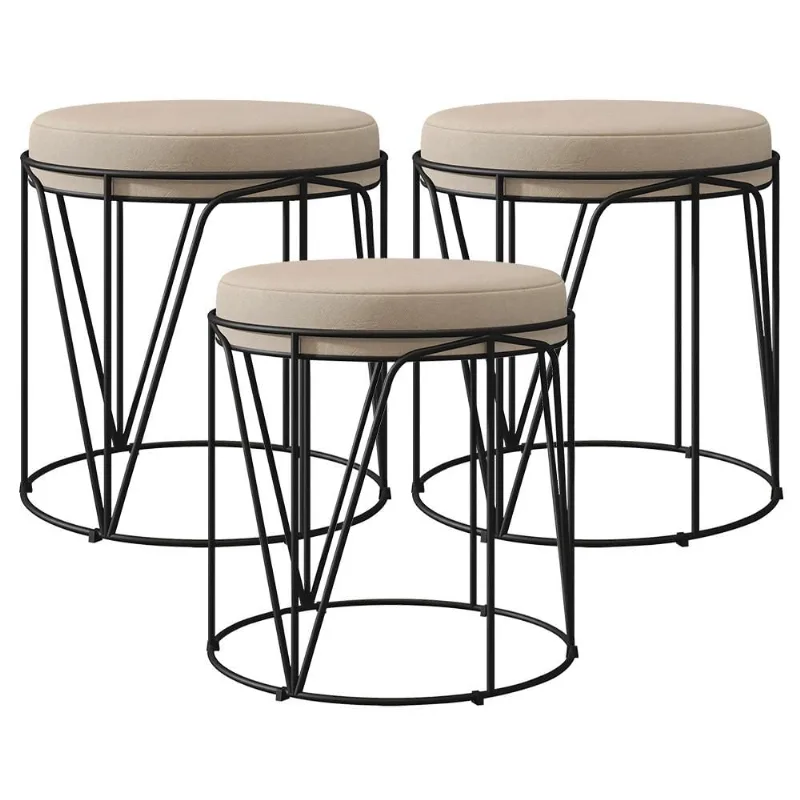 Kit 03 Puffs Decorativo Aramado Preto Zaya L02 Suede Bege - Lyam Decor