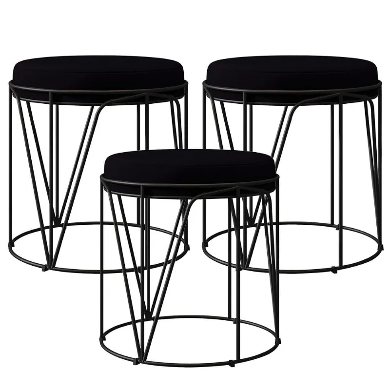 Kit 03 Puffs Decorativo Aramado Preto Zaya L02 Suede Preto - Lyam Decor