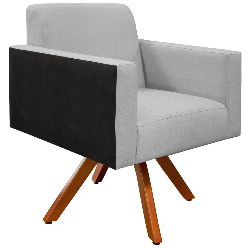 Poltrona Decorativa Base Giratória de Madeira Helô L02 Linho Cinza Couríssimo Preto - Lyam Decor