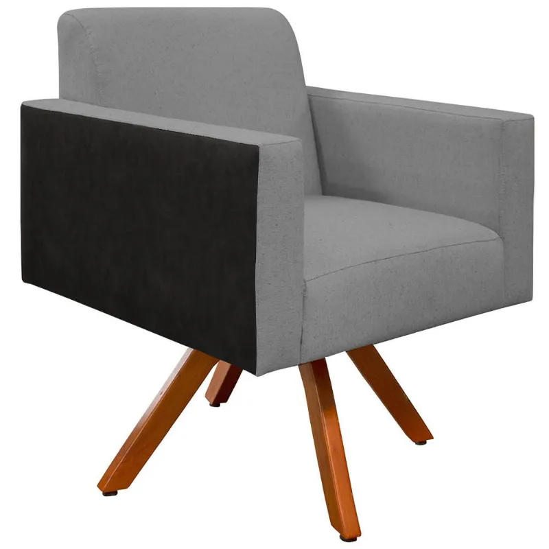 Poltrona Decorativa Base Giratória de Madeira Helô Linho Cinza Escuro Couríssimo Preto - Lyam Decor