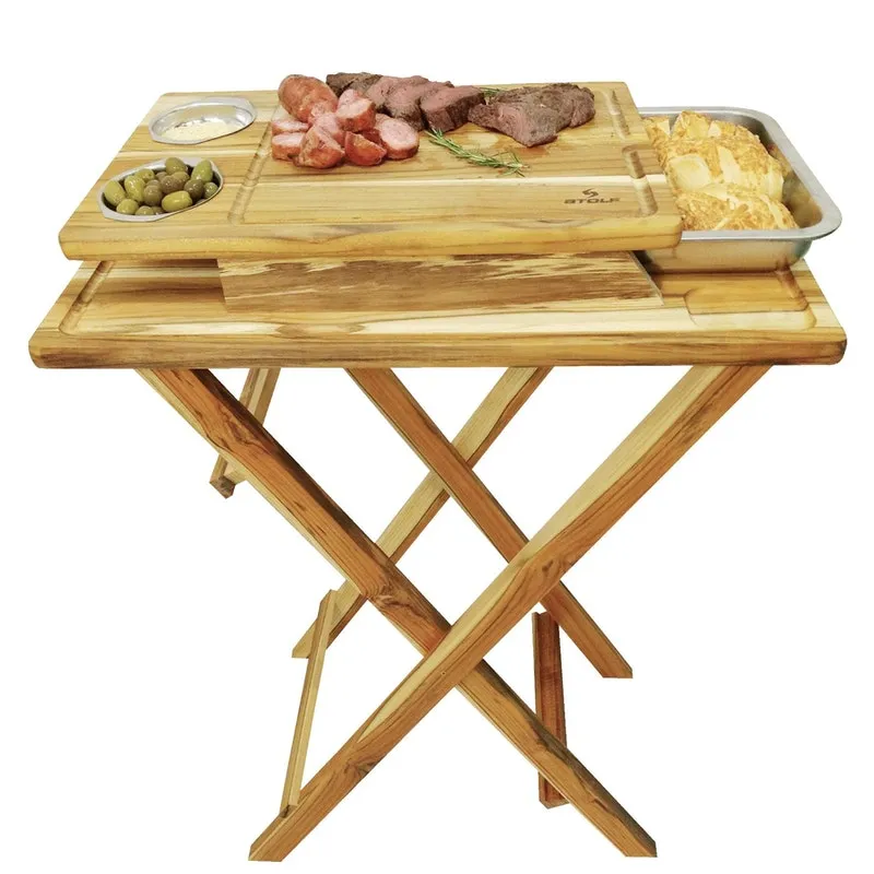 Mesa Dobrável Madeira Teca Com Tábua/bandeja Churrasco
