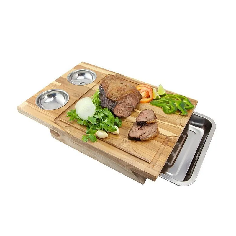Tábua De Carne Churrasco Com 2 Cumbucas E Bandeja De Inox