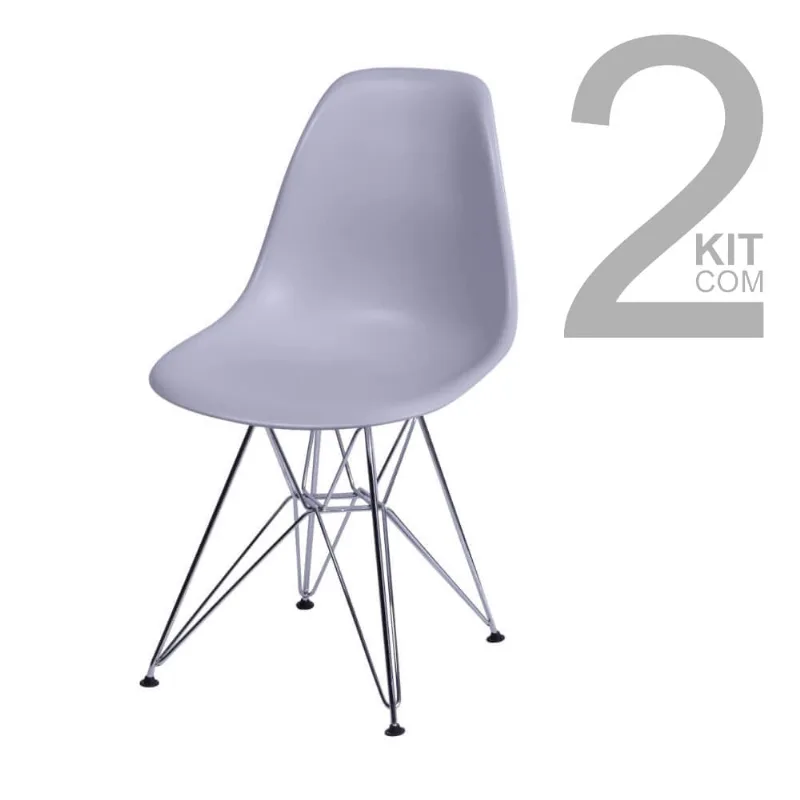 Conjunto de Cadeiras Eiffel 2 peças Cinza Base Cromada