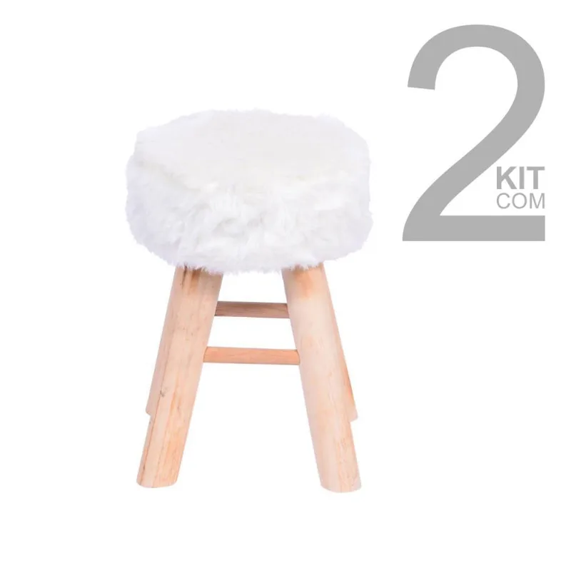Conjunto de 2 Puffs Glamour Branco com Base de Madeira