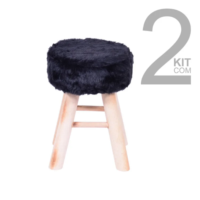 Conjunto de 2 Puffs Glamour Preto com Base de Madeira