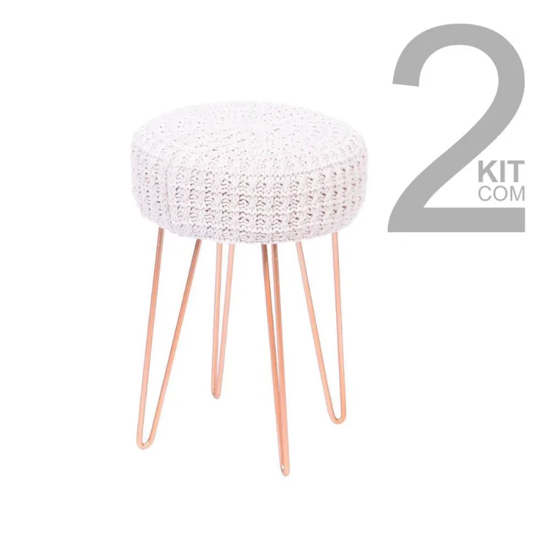 Conjunto de 2 Puffs Kitty Branco com Base de Metal