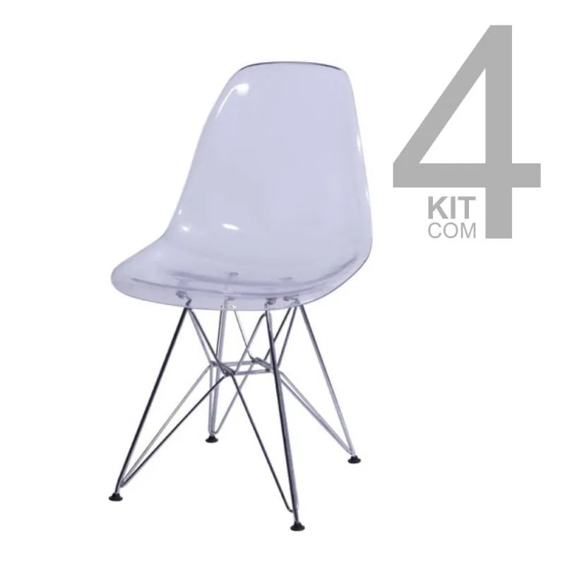 Conjunto de Cadeiras Eiffel 4 Peças Incolor Base de Metal