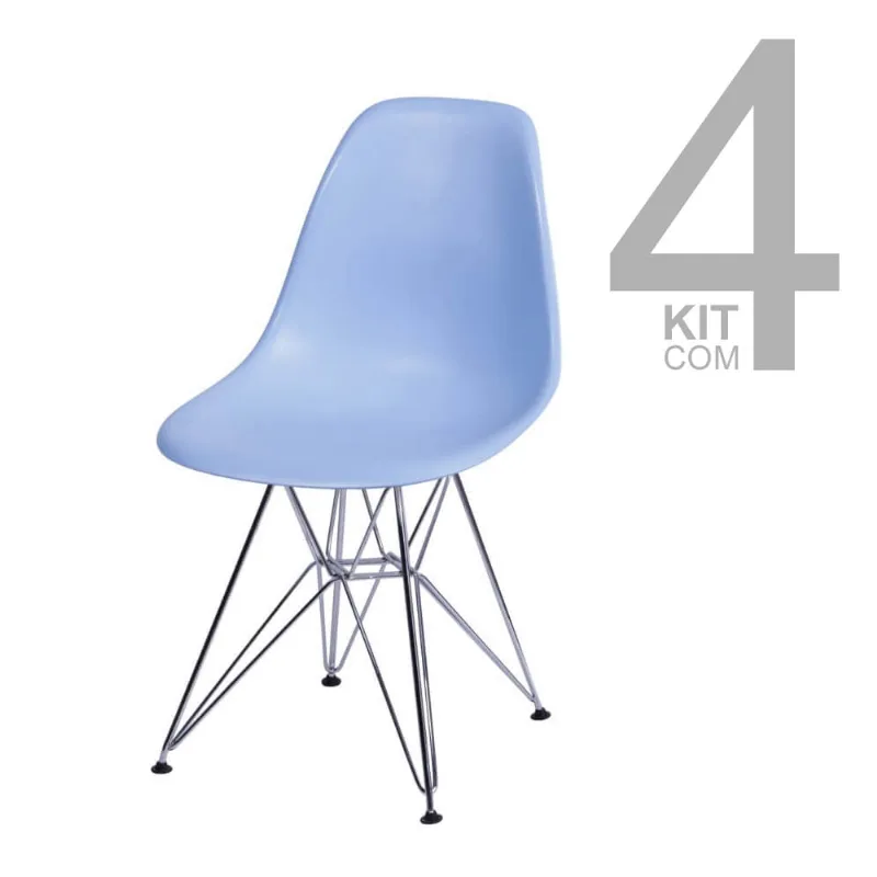 Conjunto de Cadeiras Eiffel 4 peças Azul Base Cromada