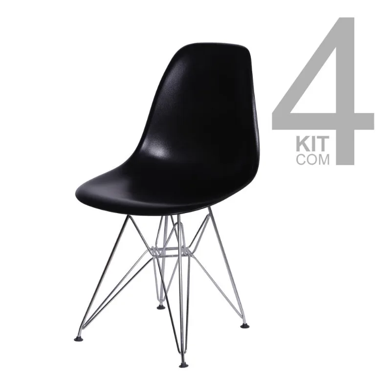 Conjunto de Cadeiras Eiffel 4 peças Preta Base Cromada