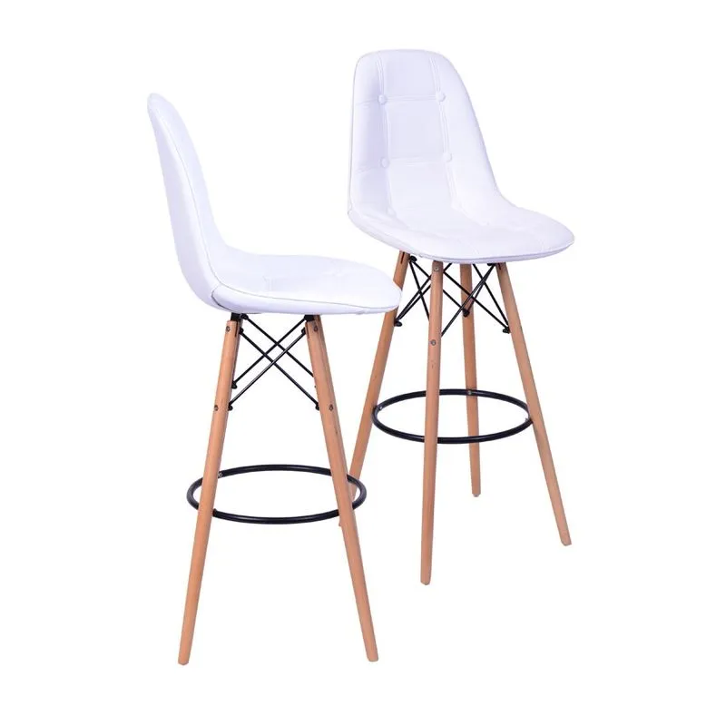 Kit 02 Banquetas Boxbit Dkr Eames Acabamento em Botonê Branca Base Madeira