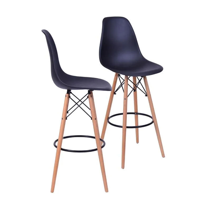 Kit 02 Banquetas Boxbit Dkr Eames Polipropileno Preta Base Madeira