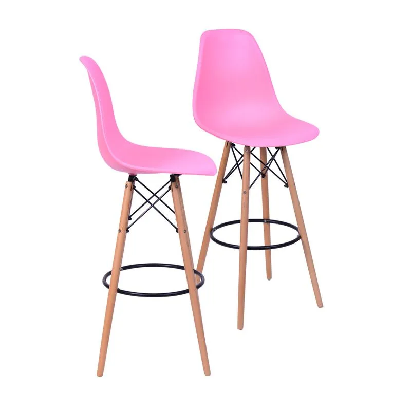 Kit 02 Banquetas Boxbit Dkr Eames Polipropileno Rosa Base Madeira