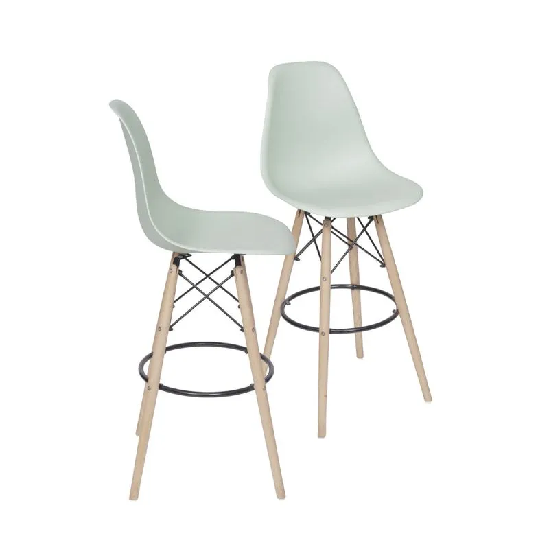 Kit 02 Banquetas Boxbit Dkr Eames Polipropileno Verde Claro Base Madeira