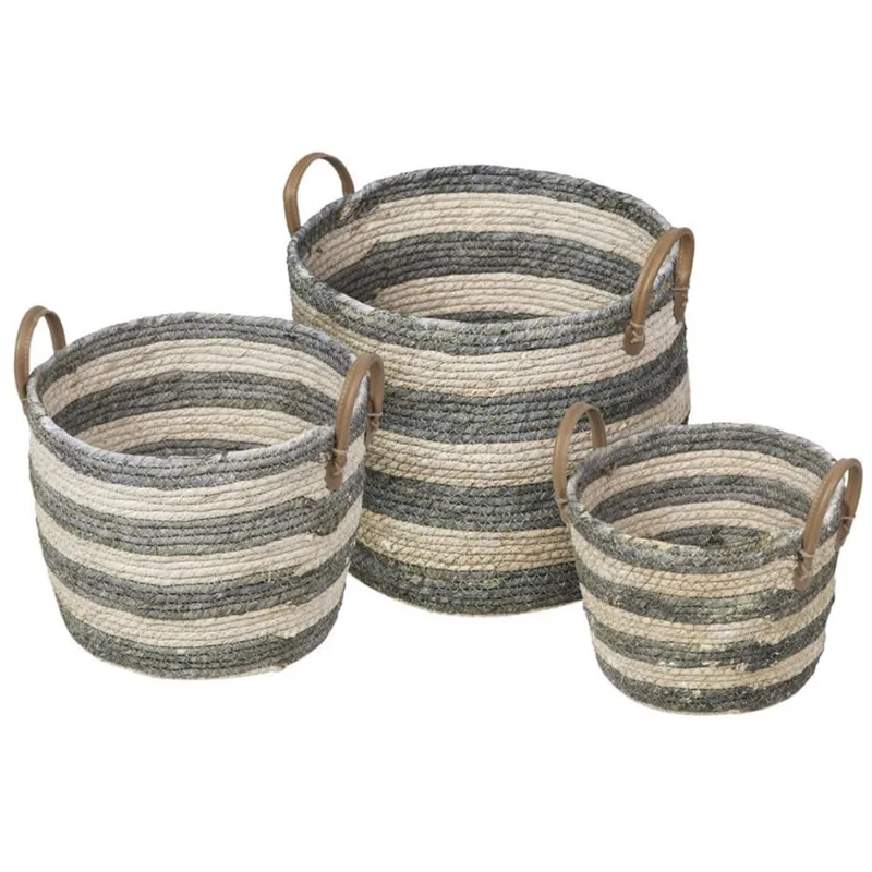 Kit 3 Cestos Krabi em Fibra Natural Seagrass com Verde - 62017 Sun House