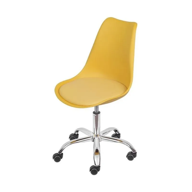 Cadeira Giratória Eames Saarinen Joly Polipropileno Assento Estofado Pu Amarelo Base Rodízio Cromado