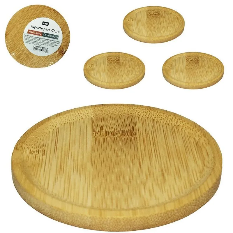 Suporte Porta Copo De Bambu Redondo Kit Com 4 Peças