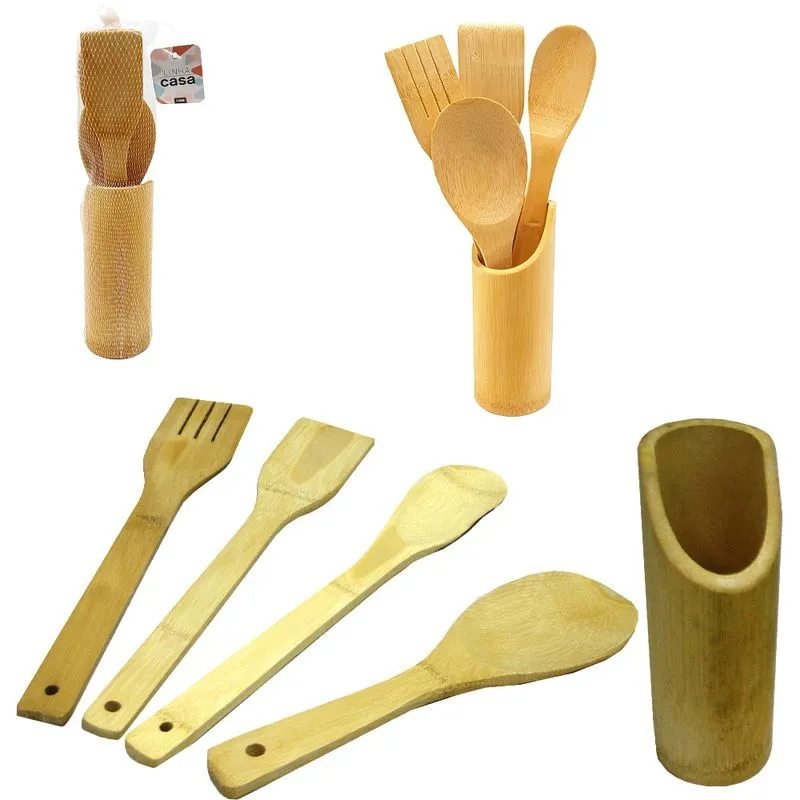 Kit com 2 colher garfo espatula de pao duro + suporte de bambu na rede