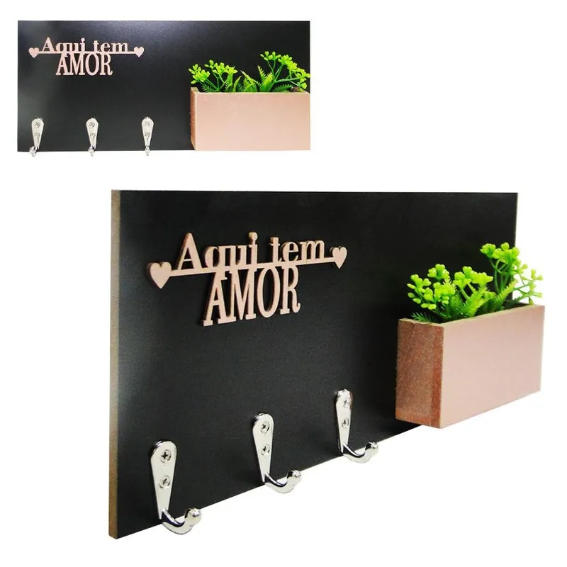 Porta Chave Preto Com 3 Ganchos De Metal + Flor Artificial