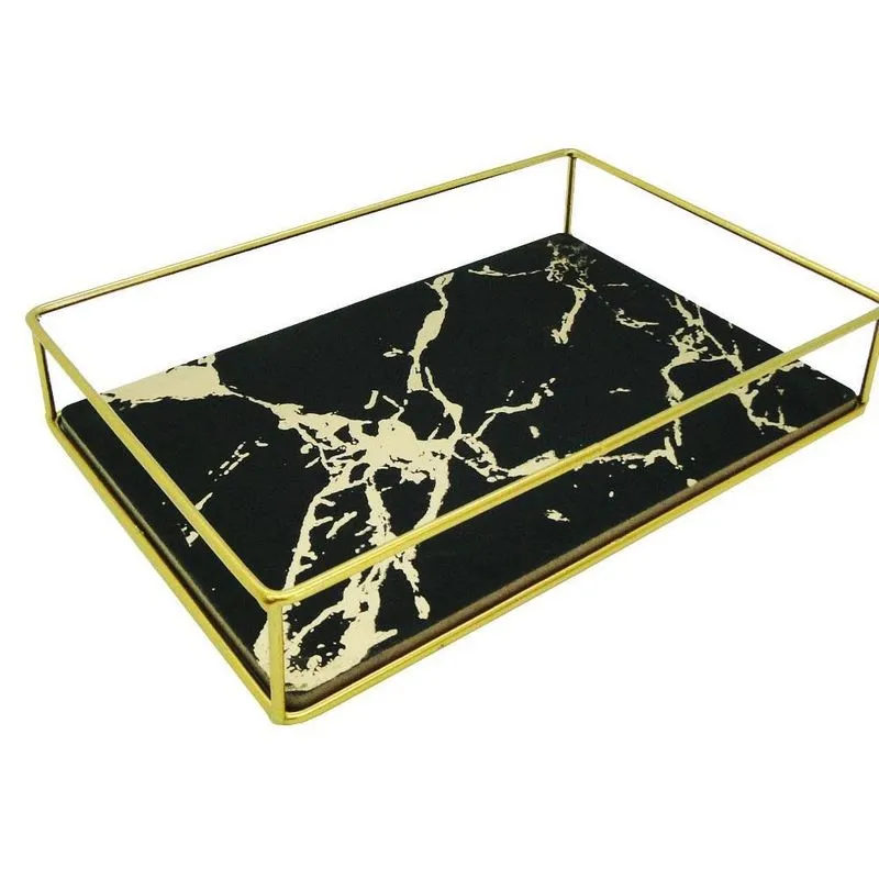 Bandeja Decorativa Retangular Preta / Madeira Marmore 23Cm