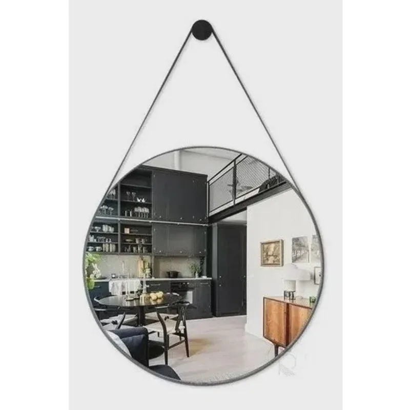 Espelho Adnet Decorativo Suspenso Redondo Alça Couro 60cm