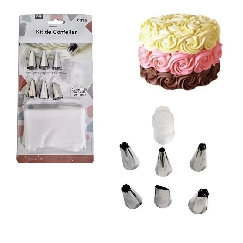 Kit Confeitaria Decoração Bolo 20 Sacos 6 Bicos 1 Adaptador
