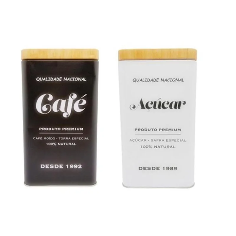Kit 2 Latas Porta Mantimento Café Açúcar Preta E Branca