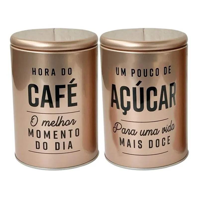 Kit Com 2 Lata Mantimento Rose Gold Retrô Café Açúcar 10X15 Kit Com 2 Lata Mantimento Rose Gold Retrô Café Açúcar 10X15