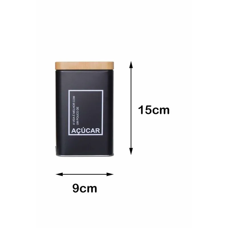 Kit 2 Pote Lata Porta Café Açúcar - Preto Fosco - Yoi