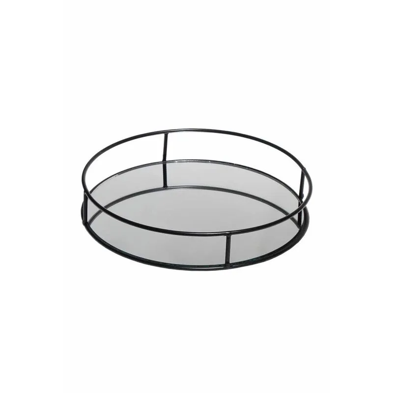 Bandeja Metal com Espelho Redonda Preto 19,8cm x 3,5cm