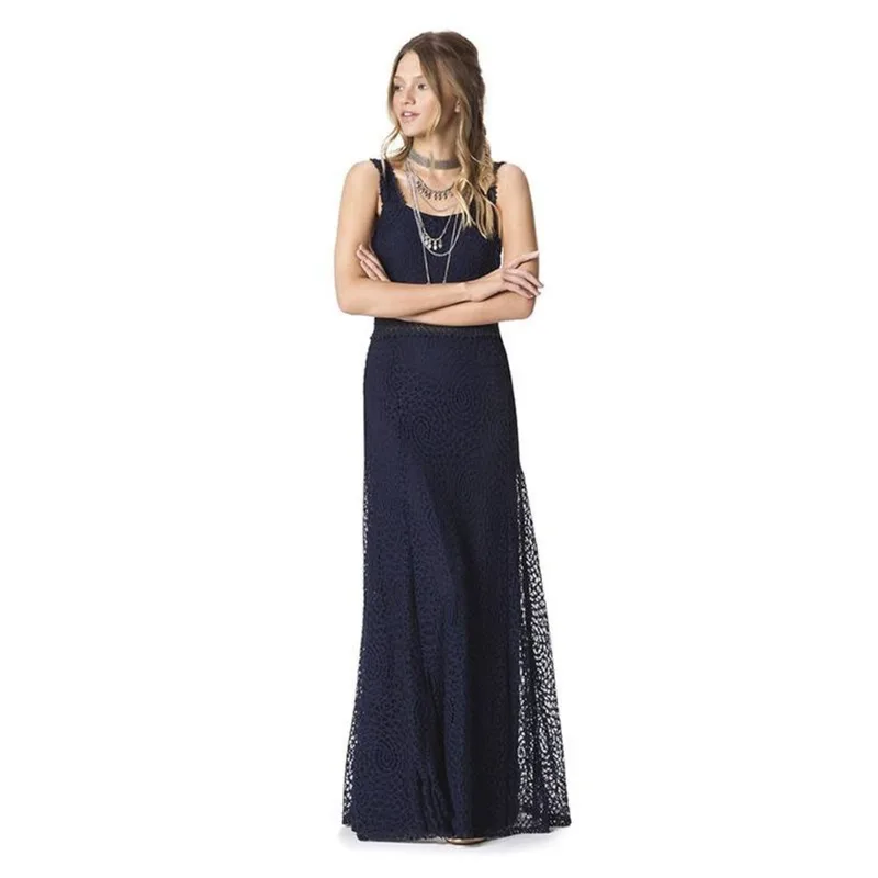 Vestido Longo Renda Sem Manga Vazado Azul